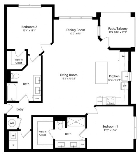 Two Bedroom Floor Plan with 1,254 Sq. Ft. at Bloomingdale Luxury Apartments in Riverview FL